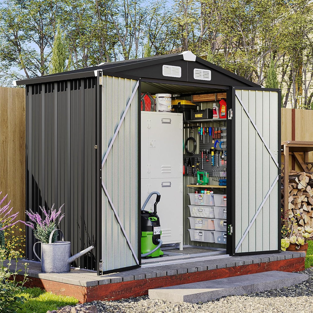 6x4 FT Outdoor Storage Shed with Base, Metal Garden Tool Shed with Sloping Roof & Lockable Door for Patio Lawn Backyard (Black with Base)