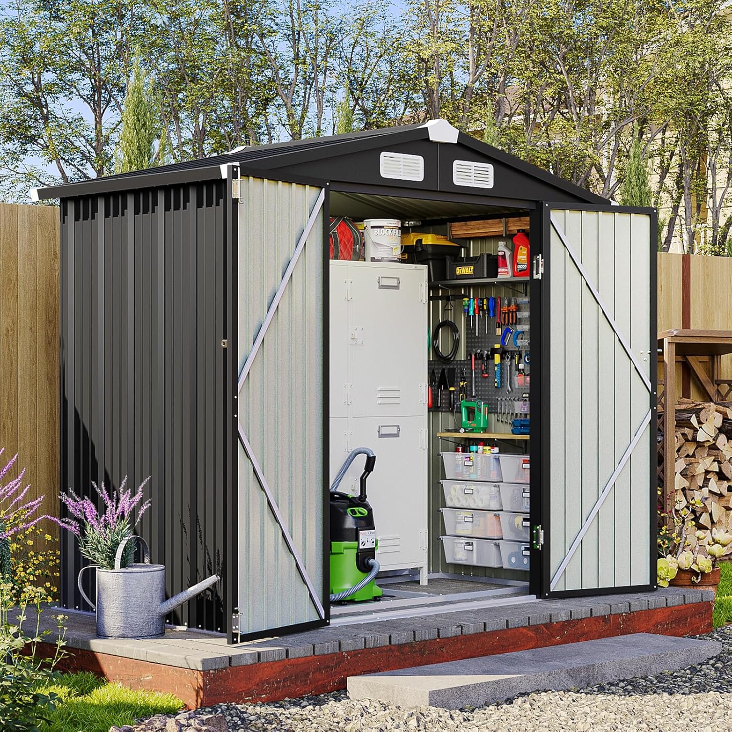 6x4 FT Outdoor Storage Shed with Base, Metal Garden Tool Shed with Sloping Roof & Lockable Door for Patio Lawn Backyard (Black with Base)