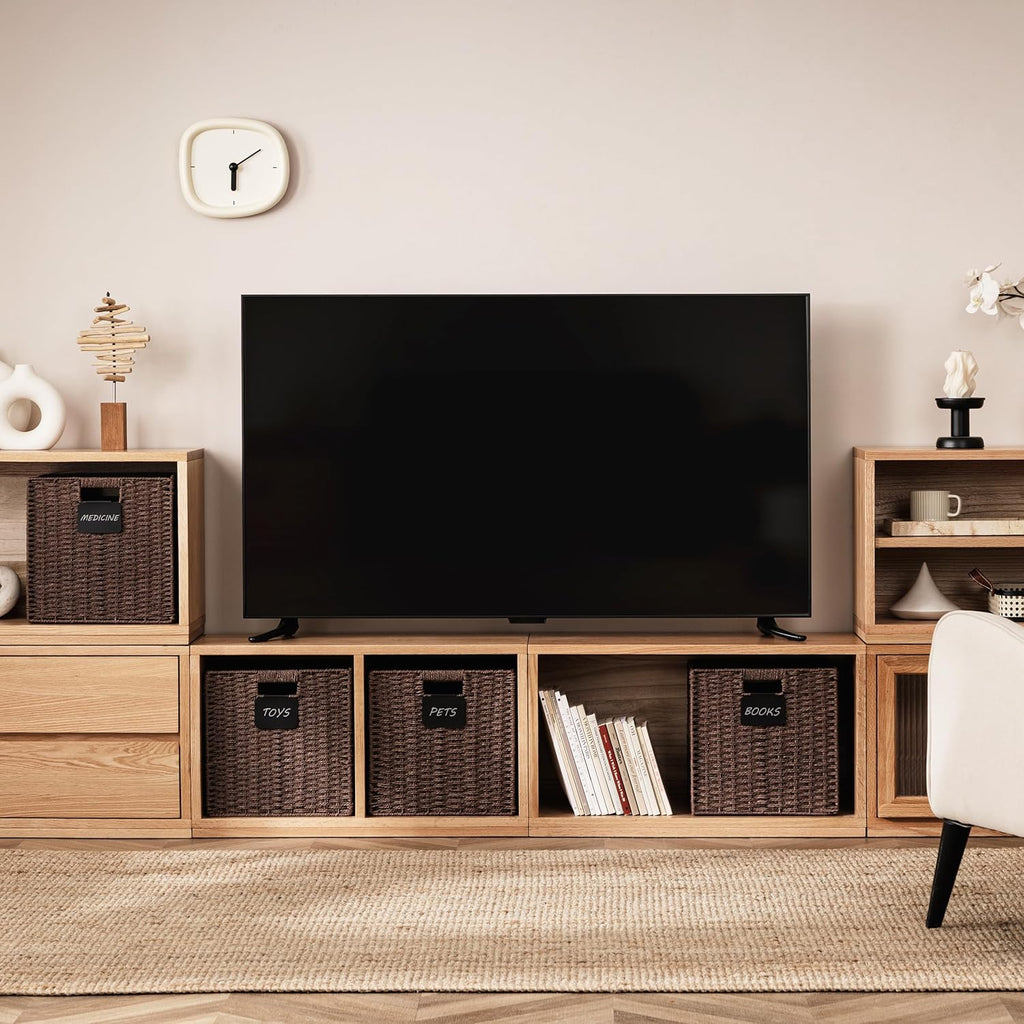 UBBCARE 4 Pack Wicker Basket, 10.5×10.5 Storage Cubes with Label, Foldable Cube Storage Bin with Handle, Square Storage Basket for Shelves, Woven Paper Rope Basket for Organizing, Brown