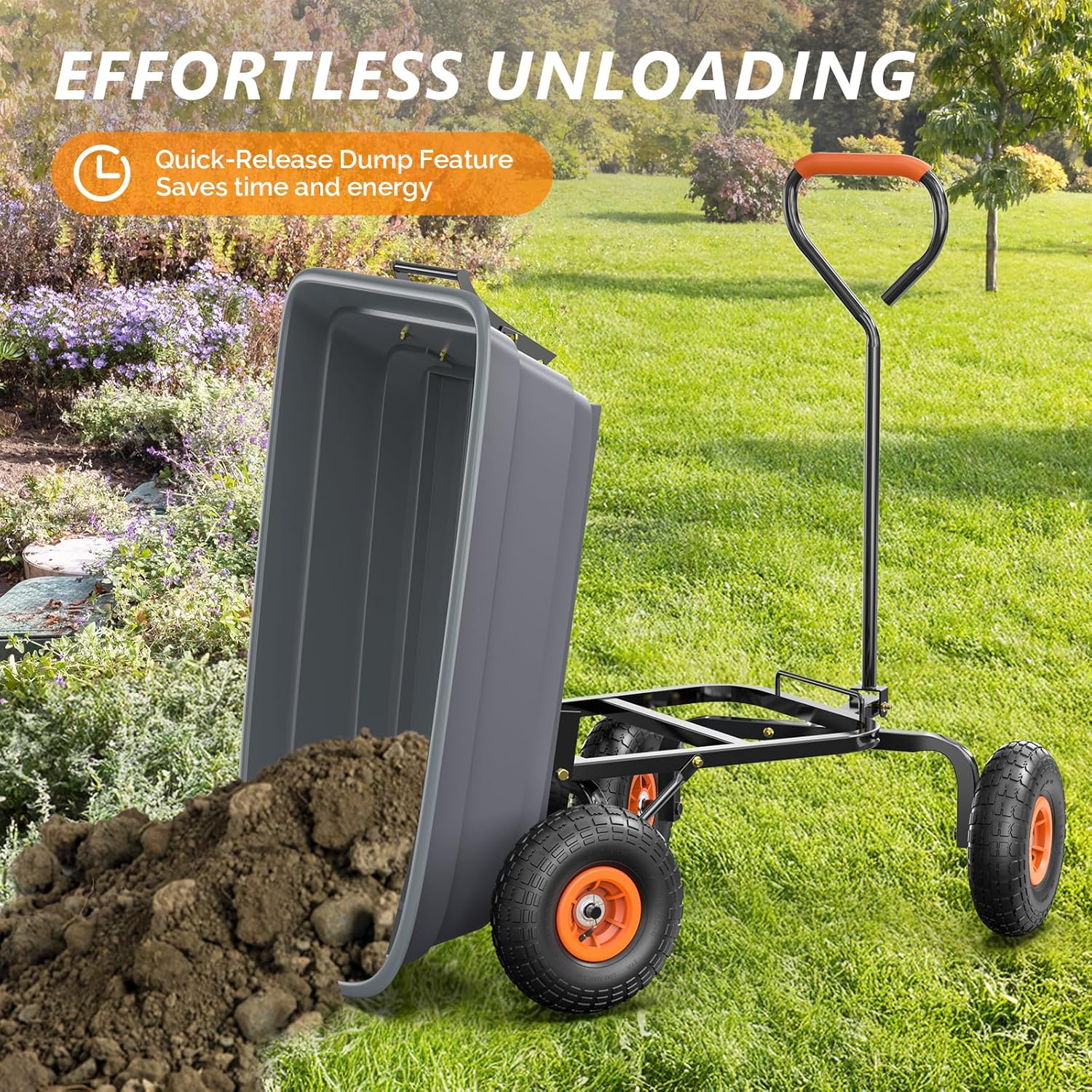 VINGLI Dump Cart Wagon, 440LBS Quick-Release Dump Wheelbarrow, All-Terrain 10" Tires Garden Wagon for Yard, Lawn and Outdoor Use