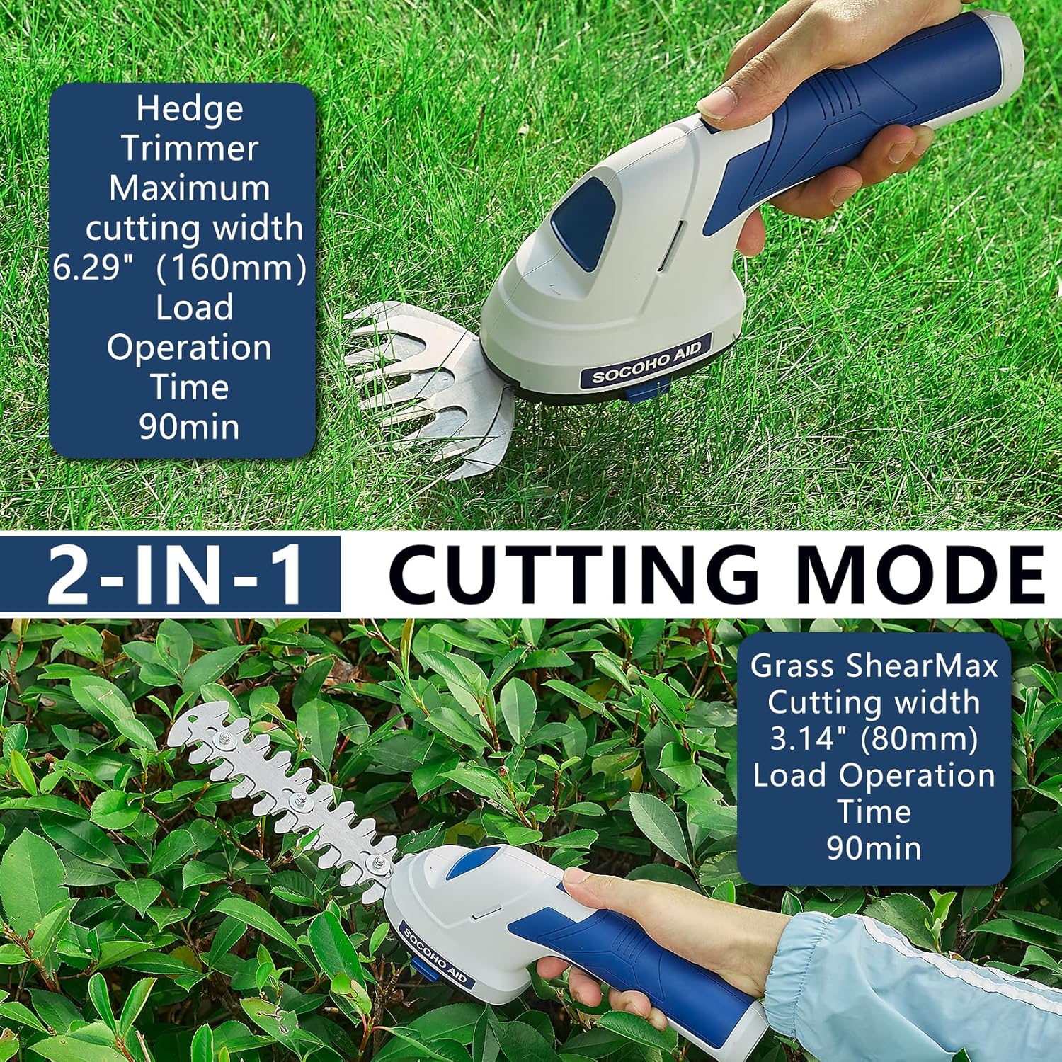 Cordless Hedge Trimmer Grass Shear - 2 in 1 Handheld 7.2V Electric Shrubbery Trimmer Grass Cutter Rechargeable Battery and Type-C
