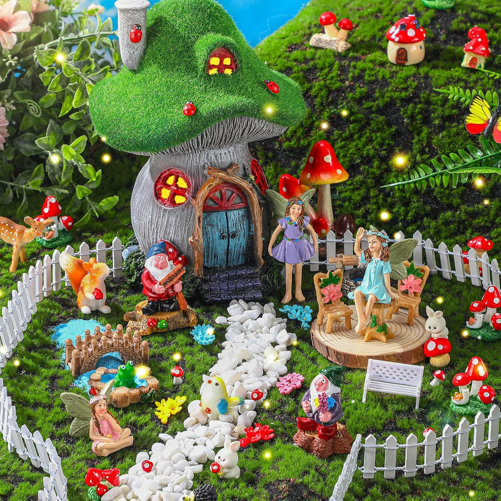 Suzile 50 Pcs Solar Fairy House Garden Accessories Light up Flocked Fairy House Garden Kit Green Resin Miniature Mushroom Figures Micro Landscape Ornament(Mushroom House)