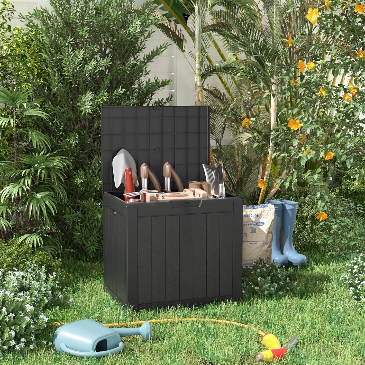 31 Gallon Resin Deck Box, Lockable Patio Outdoor Storage Box for Furniture, Garden Tools and Tools Storage, Waterproof Outside Storage Boxes - Black