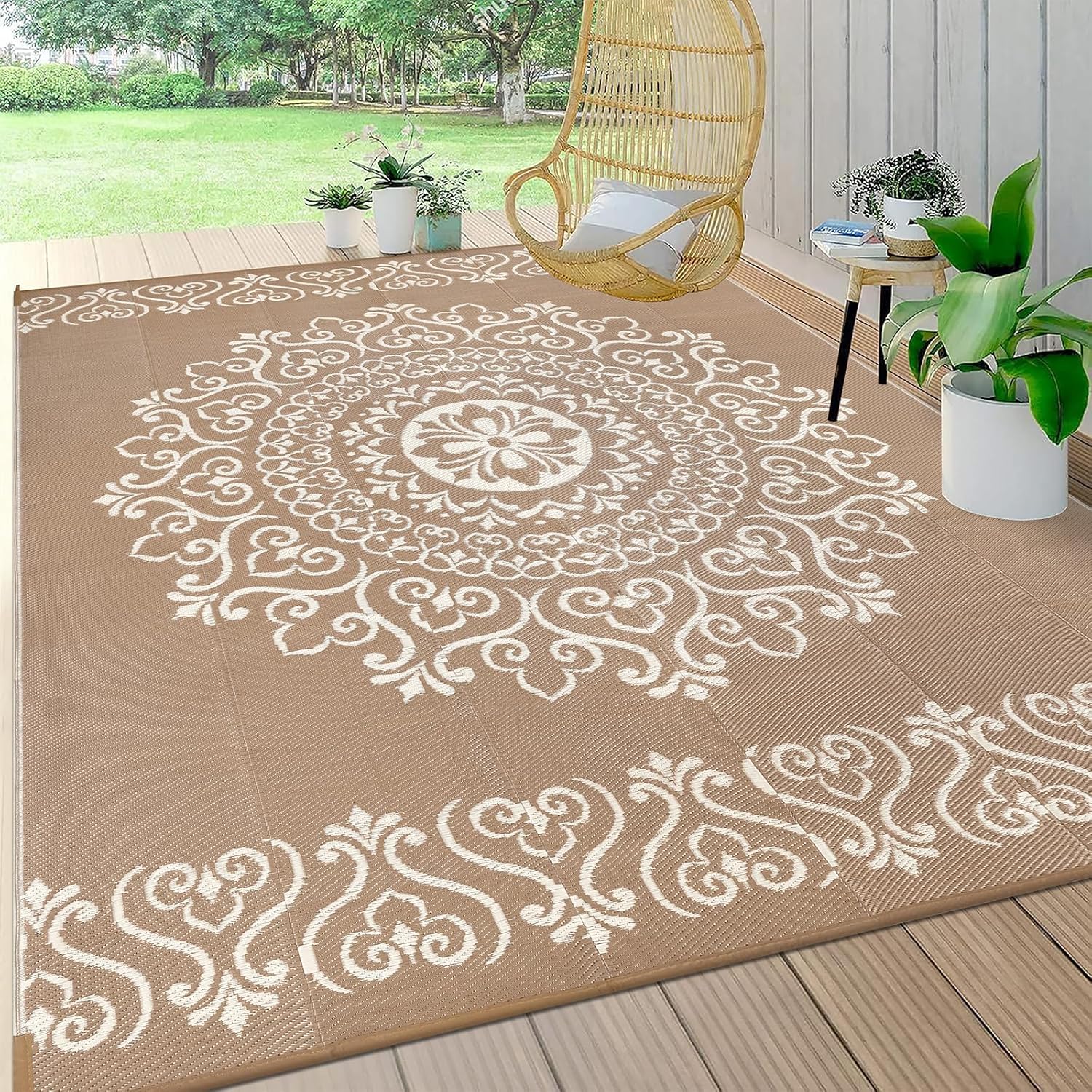 Pauwer Waterproof Outdoor Rug 9x12, Reversible Plastic Straw Patio Camping Rug, Indoor Outdoor RV Mat Carpet for Deck, Camper, Porch, Balcony, Backyard, Picnic, Floral Brown