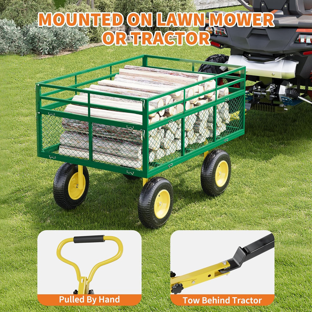 3-in-1 Heavy-Duty Steel Garden Cart, 1400 Lbs Garden Wagon, with 13 Inch All-Terrain Tires and Removable Mesh Side Panels, 180° Rotating Handle, Metal Utility Yard Trailer, Outdoor Gardens Wagon Cart