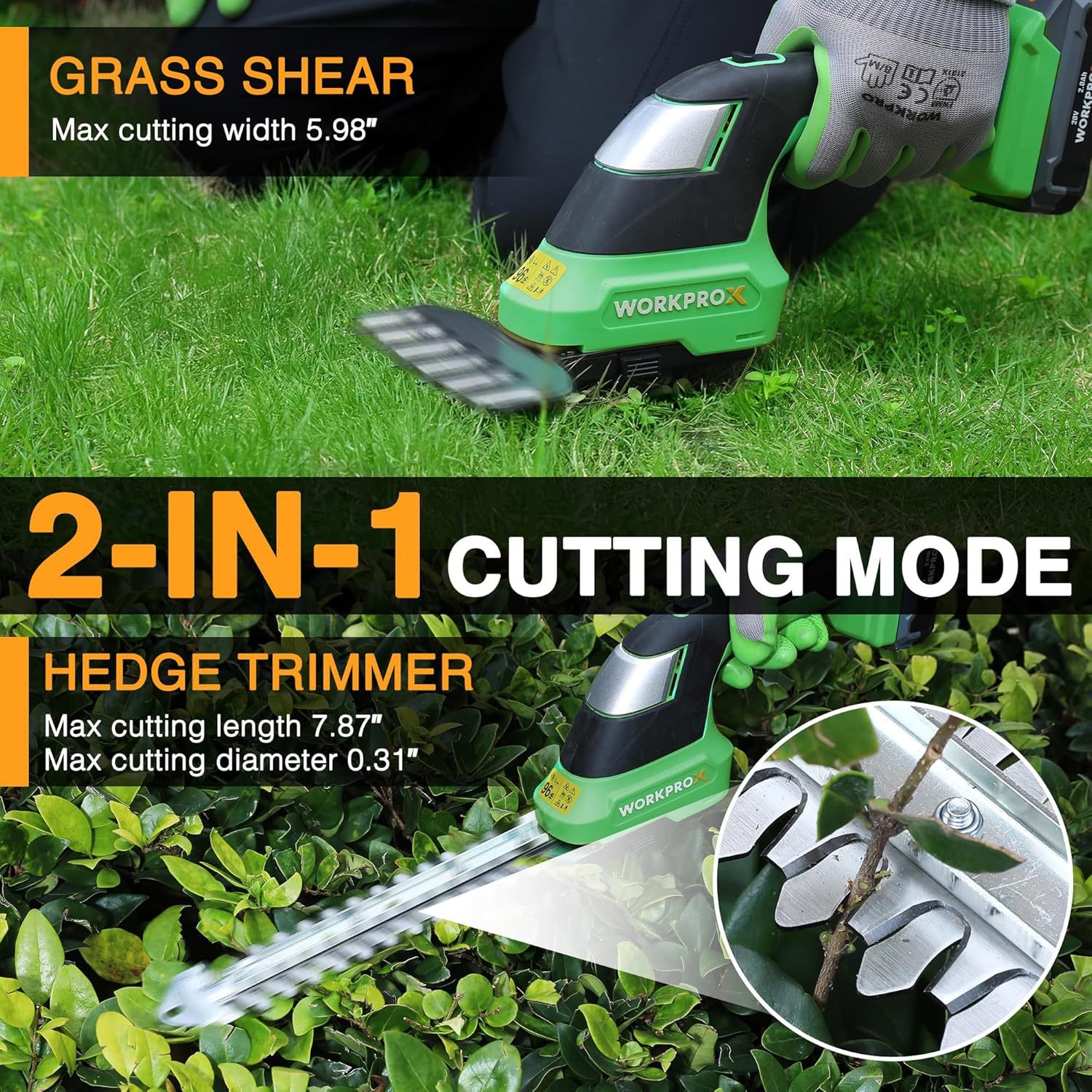 WORKPROX 20V Cordless Grass Shear & Shrubbery Trimmer - 2-in-1 Handheld Electric Grass Trimmer Hedge Shears/Grass Cutter, Rechargeable Lithium-Ion Battery and Type-C Cable Included