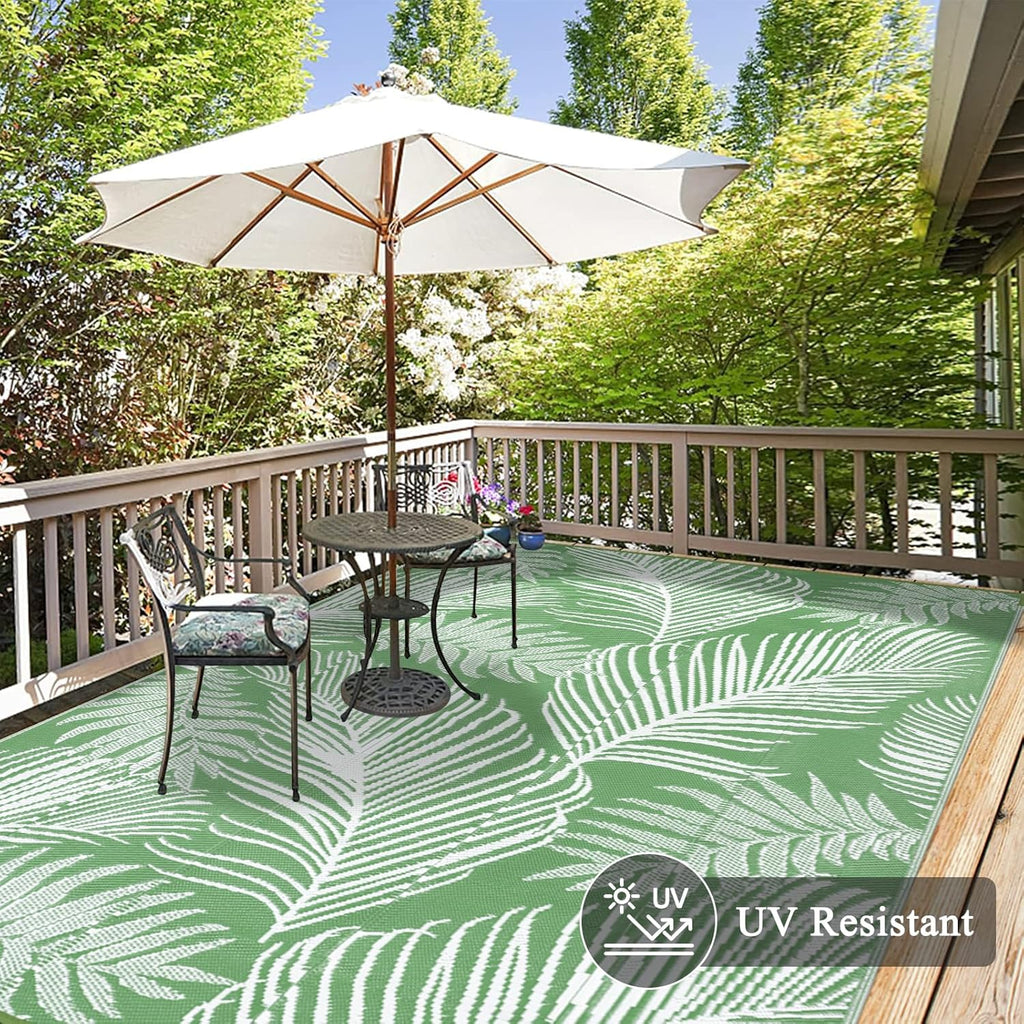 Pauwer Waterproof Outdoor Rug 9x12, Reversible Plastic Straw Patio Camping Rug, Indoor Outdoor RV Mat Carpet for Deck, Camper, Porch, Balcony, Backyard, Picnic, Leaf Green
