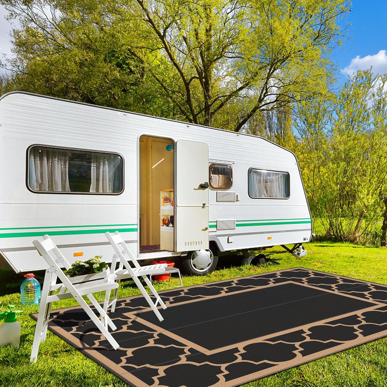 GENIMO 10 ' x 14 ' Outdoor Rug Waterproof for Patio Decor, Foldable Reversible Plastic Straw Area Rugs Mat for Camper, Outside Carpet for Rv, Deck, Porch, Picnic, Beach, Balcony, Black & Brown