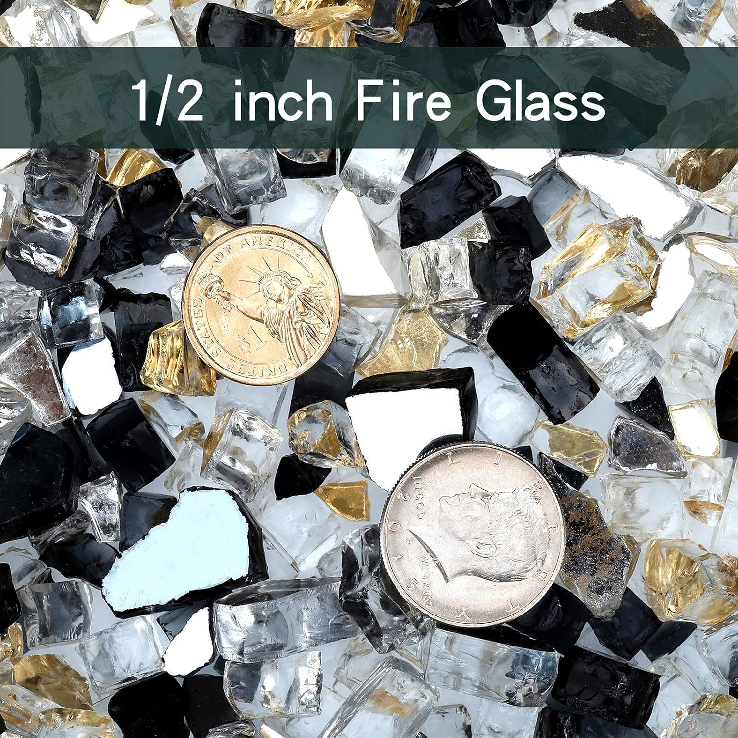 Mr. Fireglass 10 Pounds Blended Reflective Fire Glass for Fire Pit Fireplace and Landscaping, 1/2 Inch Mixed Colored High Luster Fireglass Rocks for Outdoor and Indoor Use Gold+Onyx Black+Platinum