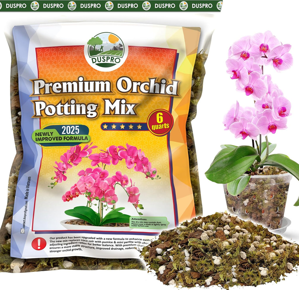 [Upgraded] DUSPRO Orchid Potting Mix for Repotting with Forest Moss, Pine Bark, Perlite & Pumice Natural Ingredients, Orchid Bark Potting Mix, Orchid Repotting Kit Drainage Indoor Potting Medium 6QT