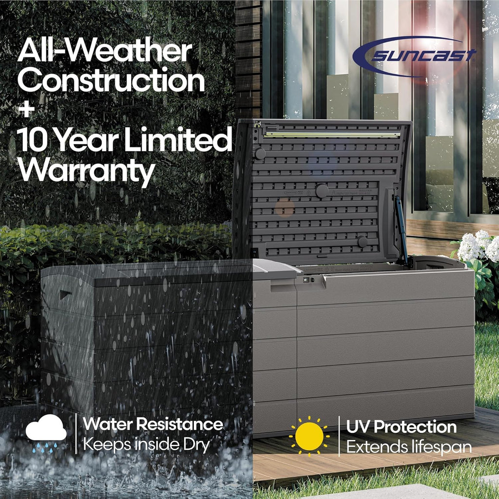 Suncast 120-Gal. All-Weather Patio Deck Box with Pad-Lockable Split Top Lid, Extra-Large Outdoor Storage Unit for Patio Furniture and Grill Tools, Made in the USA