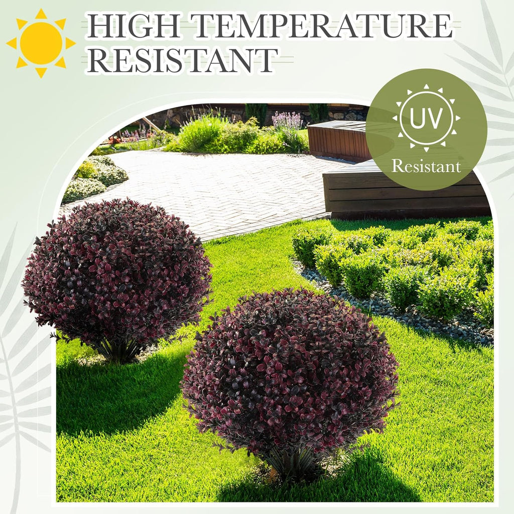 Yunlly 2 Pack 18" Artificial Boxwood Ball Bush Topiary Trees Fake Outdoor Plants, Realistic UV Resistance Faux Shrubs with Spike Greenery Topiary for Front Porch Garden Yard Patio Indoor (Dark Purple)