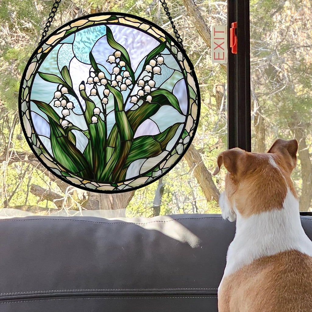 Stained Glass Window Hanging, White Green Lily of The Walley Flowers Sun Catcher for Door Home Decor Plants Suncatcher Christmas Mother's Day Birthday Gifts for Women Men Mom Nana 15 in
