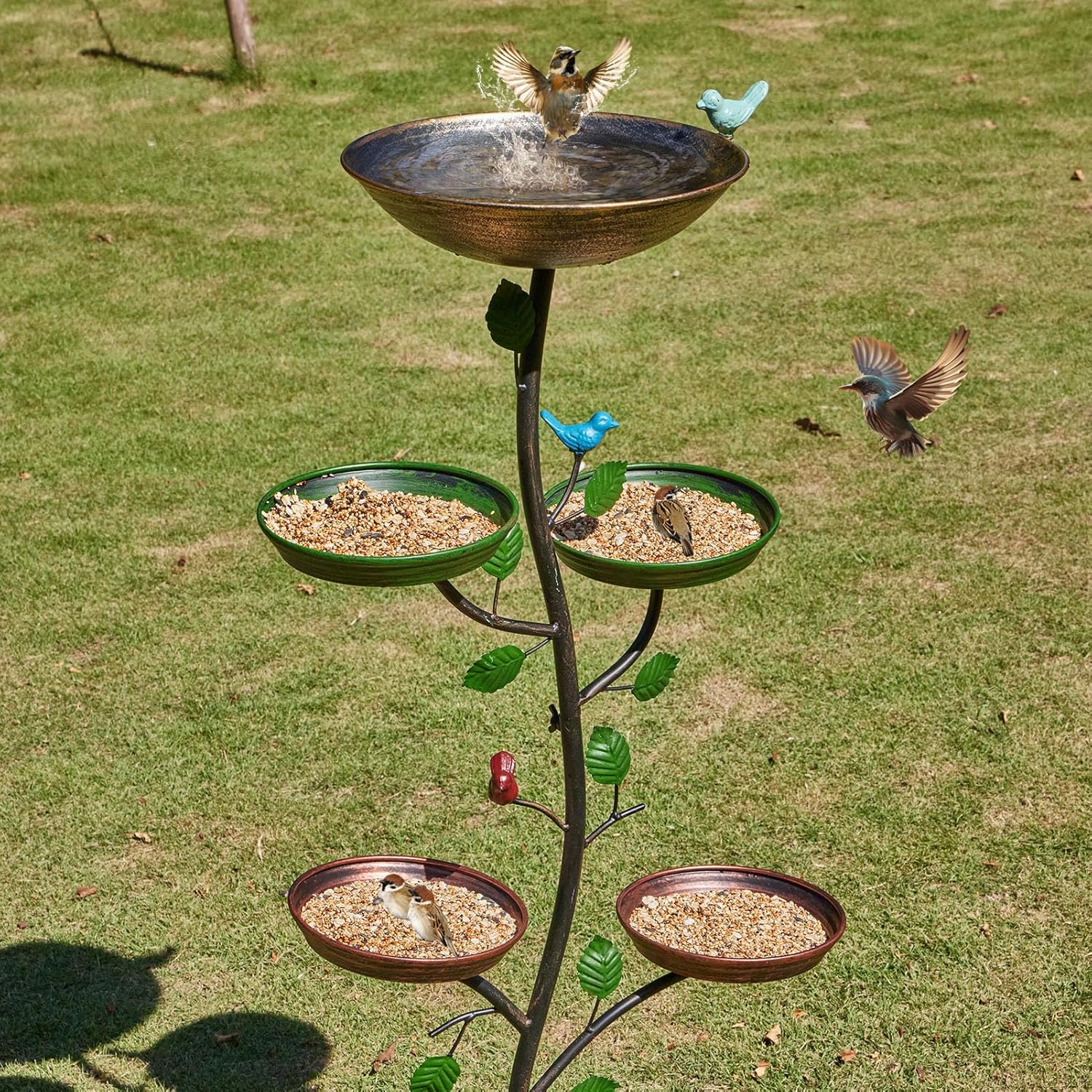 44.5" H Bird Baths for Outdoors with Metal Stakes, Standing Bird Baths with 4 Metal Bird Feeder Trays, for Garden Yard Decor