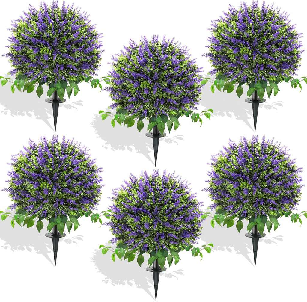 28" Artificial Boxwood Topiary Ball with Lavender, UV Resistant Topiary Tree Faux Boxwood Ball Shaped Porch Bushes with Ground Spike Artificial Bushes for Outdoors Front Door Decor Home Garden