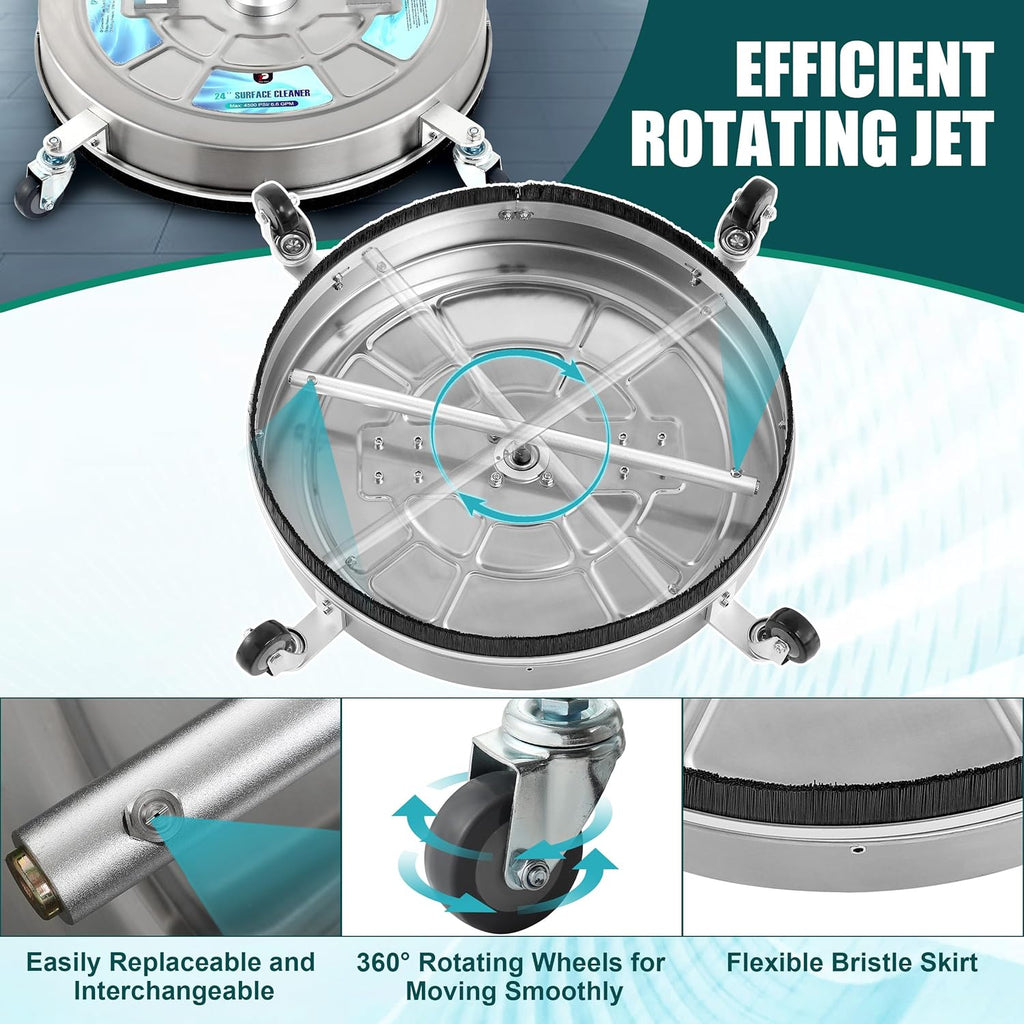 Tool Daily 24" Pressure Washer Surface Cleaner Attachment with Dual Handles, Stainless Steel Driveway Cleaner for Power Washer with Wheels, Pressure Wash Concrete, 4500 PSI