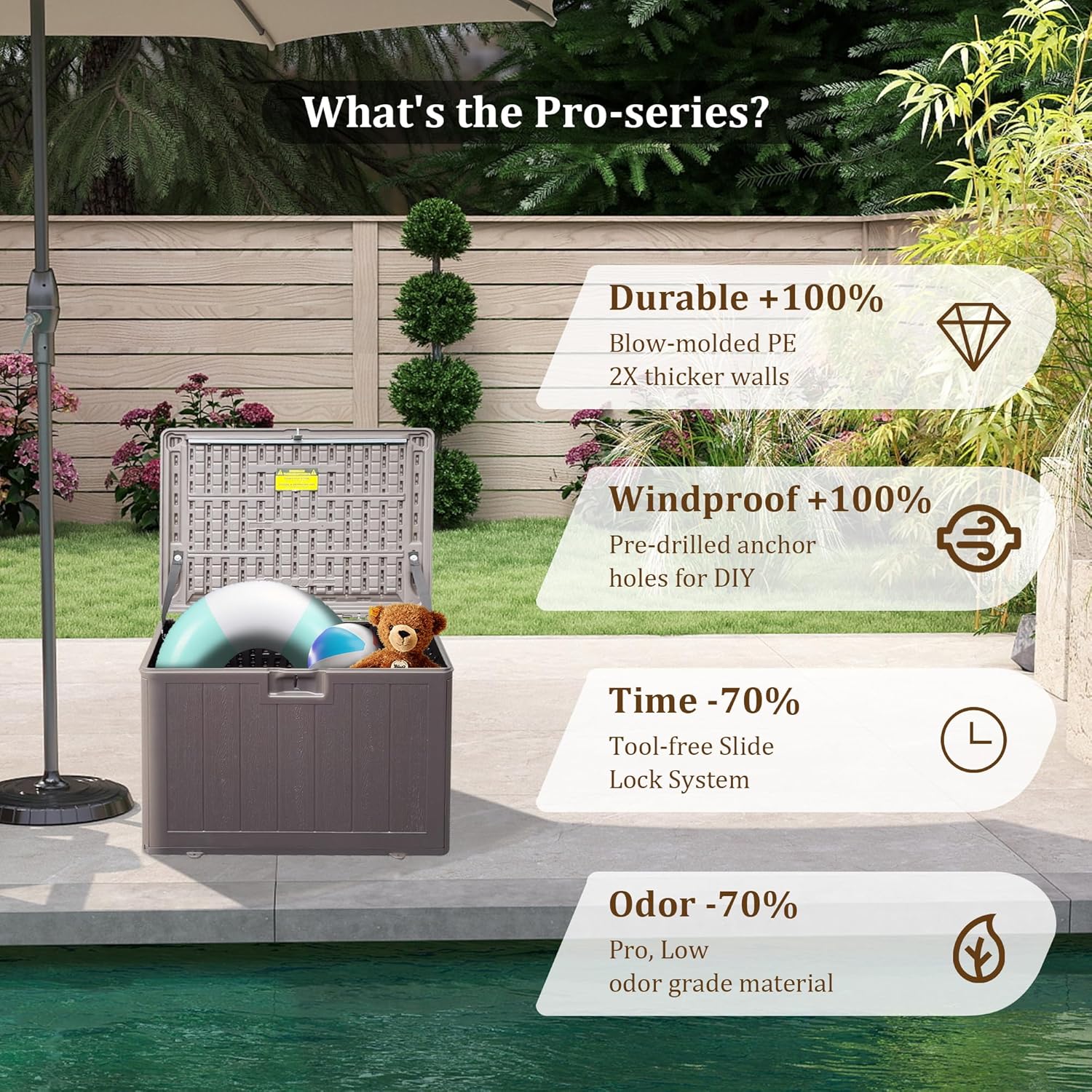 33 Gallon Pro Waterproof Outdoor Storage Bin Resin Deck Box for Patio, Poolside, and Garden, Lockable & UV-Resistant, Ideal for Small Spaces, Brown