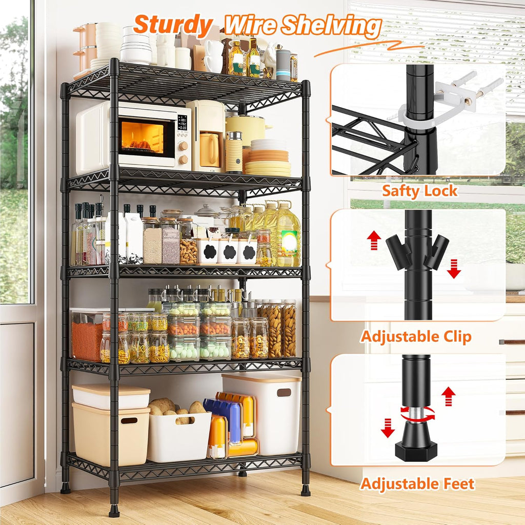 REIBII Metal Shelving 5 Tier Wire Sturdy Storage Shelves Adjustable Steel Organizer Wire Rack for Kitchen Laundry Room Commercial School Storage Room Black 63“Hx 21.65“L x 11.8”D