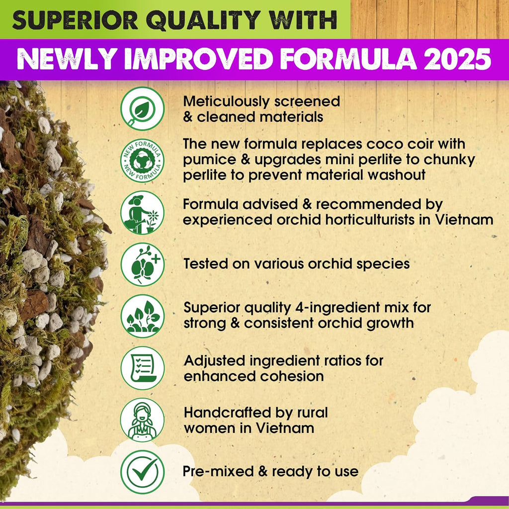 [Upgraded] DUSPRO Orchid Potting Mix for Repotting with Forest Moss, Pine Bark, Perlite & Pumice Natural Ingredients, Orchid Bark Potting Mix, Orchid Repotting Kit Drainage Indoor Potting Medium 2QT