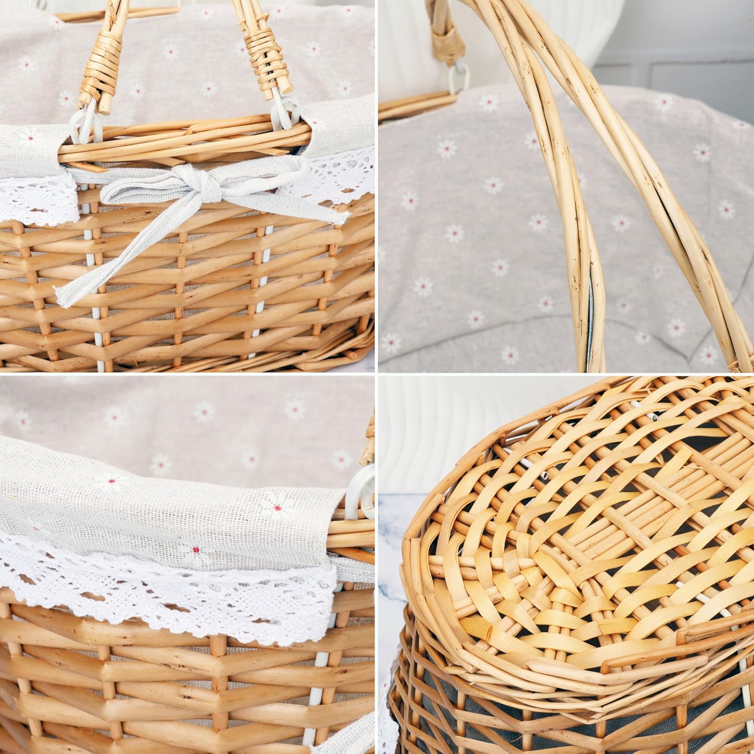 Natural Wicker Basket with Linen Lining, 14 Inch Large Wicker Woven Picnic Basket with Handle for Picnic, Camping, Outdoor Party