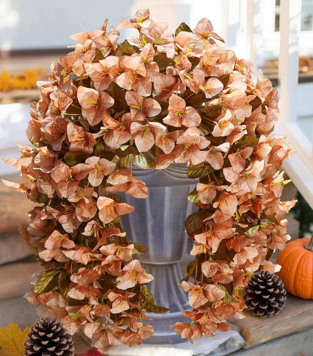 Bougainvillea Artificial Fall Hanging Flowers Plants for Outdoors Autumn Decoration, 2pcs Faux Bougainvillea Vines Brown Fake Flowers Realistic UV Resistant Silk Flowers for Outside Planter Yard Home
