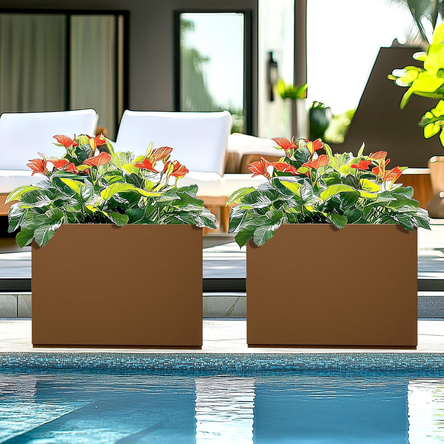 Rectangle Planter for Indoor & Outdoor, Tall and Long Planter Boxes with Drainage Holes, Mental Divider Planter Box All-Weather Use for Plants, Flowers, 35" L x 9" W x 26" H, Brown