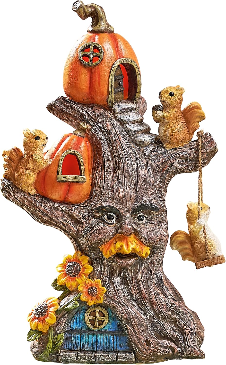 TERESA'S COLLECTIONS Fall Decor, Pumpkin Decor, Tree Spirit and Squirrels Pumpkin House with Solar Lights, Outdoor Fall Decor Waterproof Resin, Fall Gift Outdoor/Indoor,11"