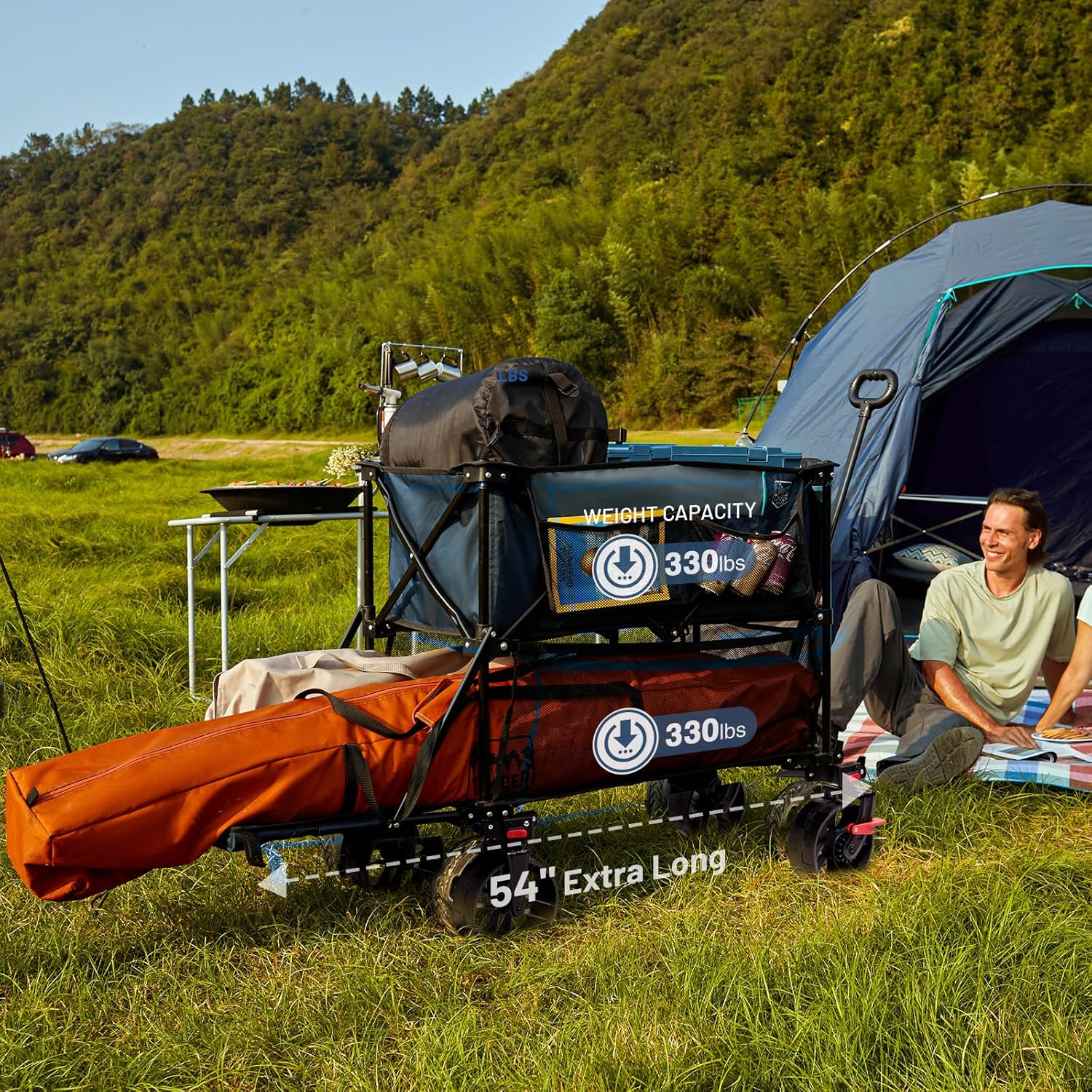 TIMBER RIDGE 400L Large Capacity Folding Double Decker Wagon with Brakes, 54" Extra Long Extender Wagon Cart, 660lbs Heavy Duty Collapsible Cart, All-Terrain Big Wheels for Camping, Sports, Shopping