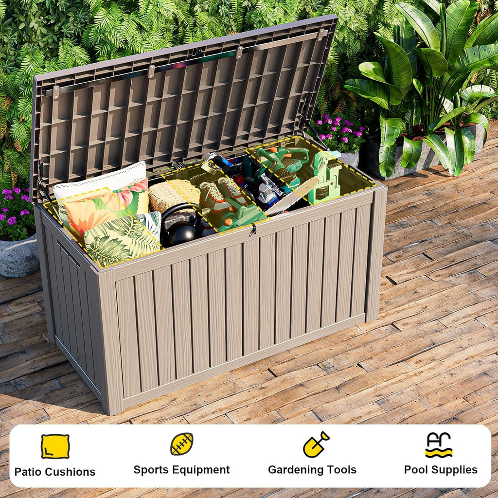 DRATO 150 Gallon Outdoor Storage Box, Large Waterproof Deck Box, Lockable Resin Storage Container with Reinforced Support for Patio Cushions, Garden Tools, UV-Resistant Outdoor Chest