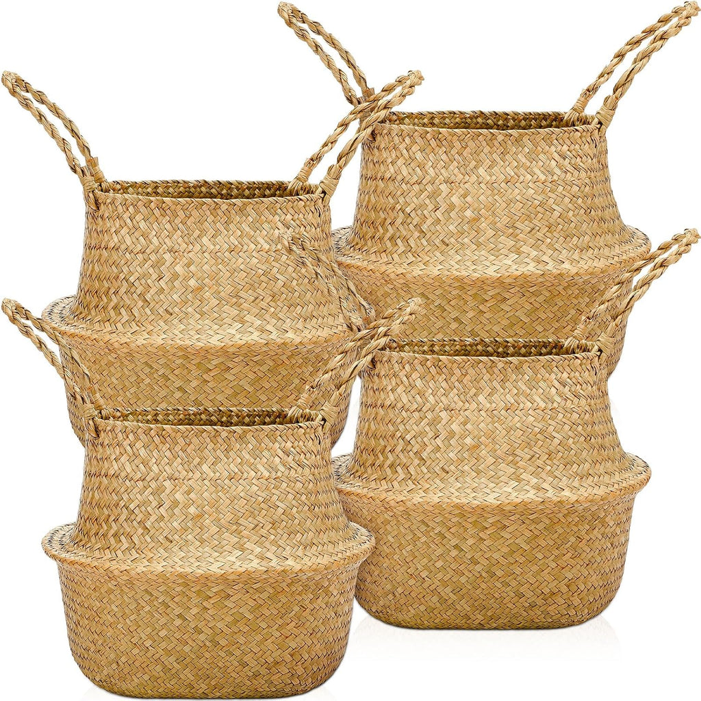 Qunclay Woven Seagrass Baskets Belly Basket Folding Boho Natural Plant Pot with Handles Round Decorative Wicker Large Indoor Planter for Home Outdoor Tree Planters Decor(12 x 11 Inch, 4 Pcs)