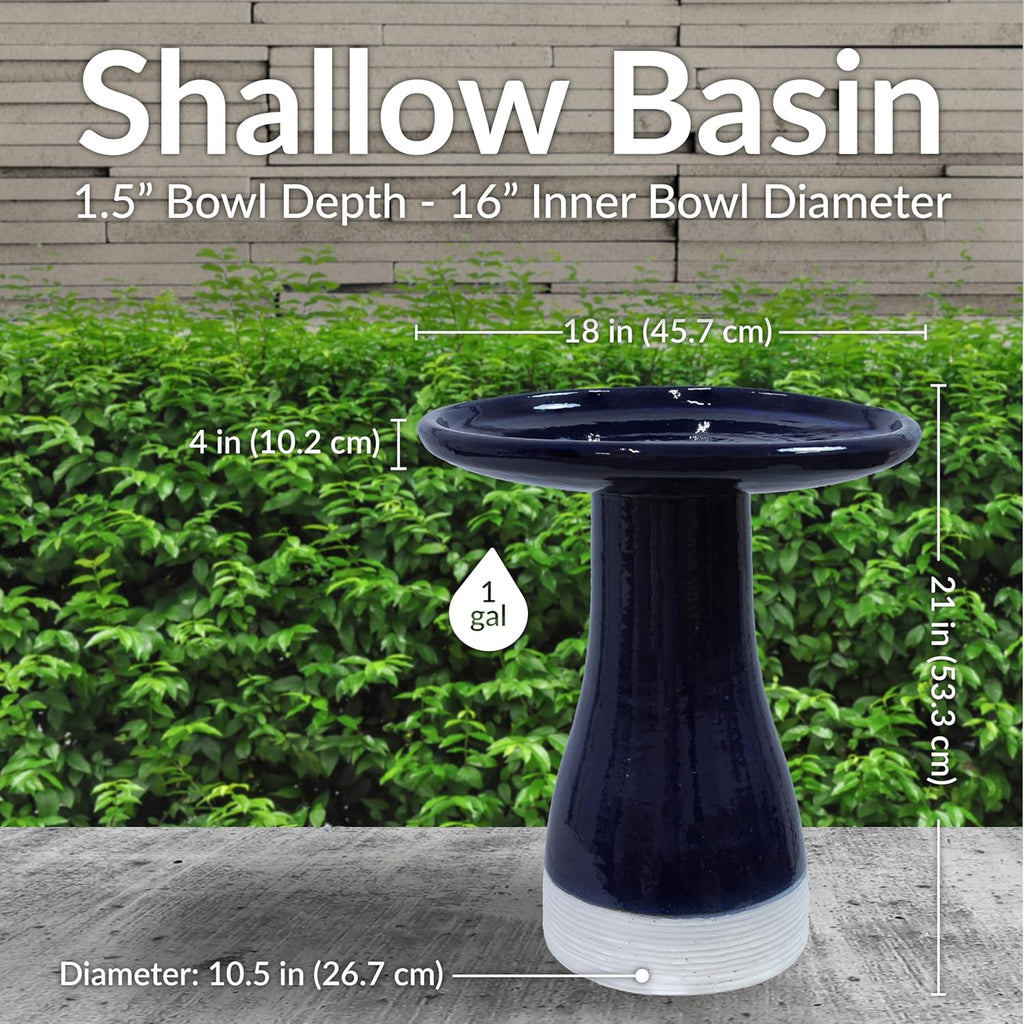 Sunnydaze 21" H Ceramic Bird Bath for Outside - Hand-Painted Outdoor Bird Bath Bowl, UV/Frost-Resistant Finish - Midnight Blue - Ribbed Pedestal