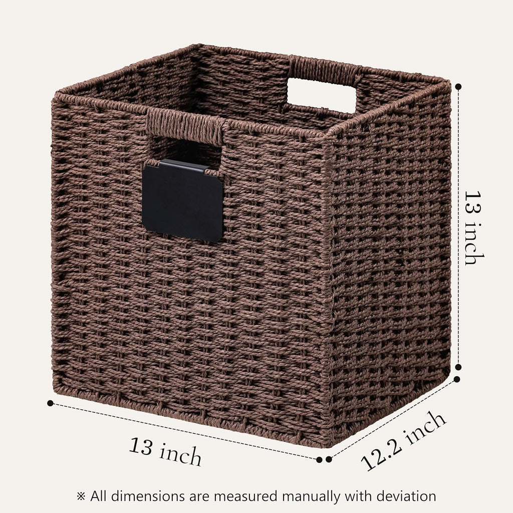 UBBCARE 2 Pack Wicker Basket, 13×13 Storage Cubes with Label, Foldable Cube Storage Bin with Handle, Square Storage Basket for Shelves, Woven Paper Rope Basket for Organizing, Brown