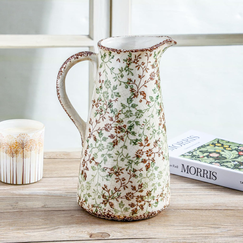 Enra Pitcher vase with Handle,12.2 in Ceramic Vintage Chinoiserie Floral Vase,Green and Beige Decorative Flower vase,Large Rustic Vases for Home Decors, Living Room, Bookshelf, Office