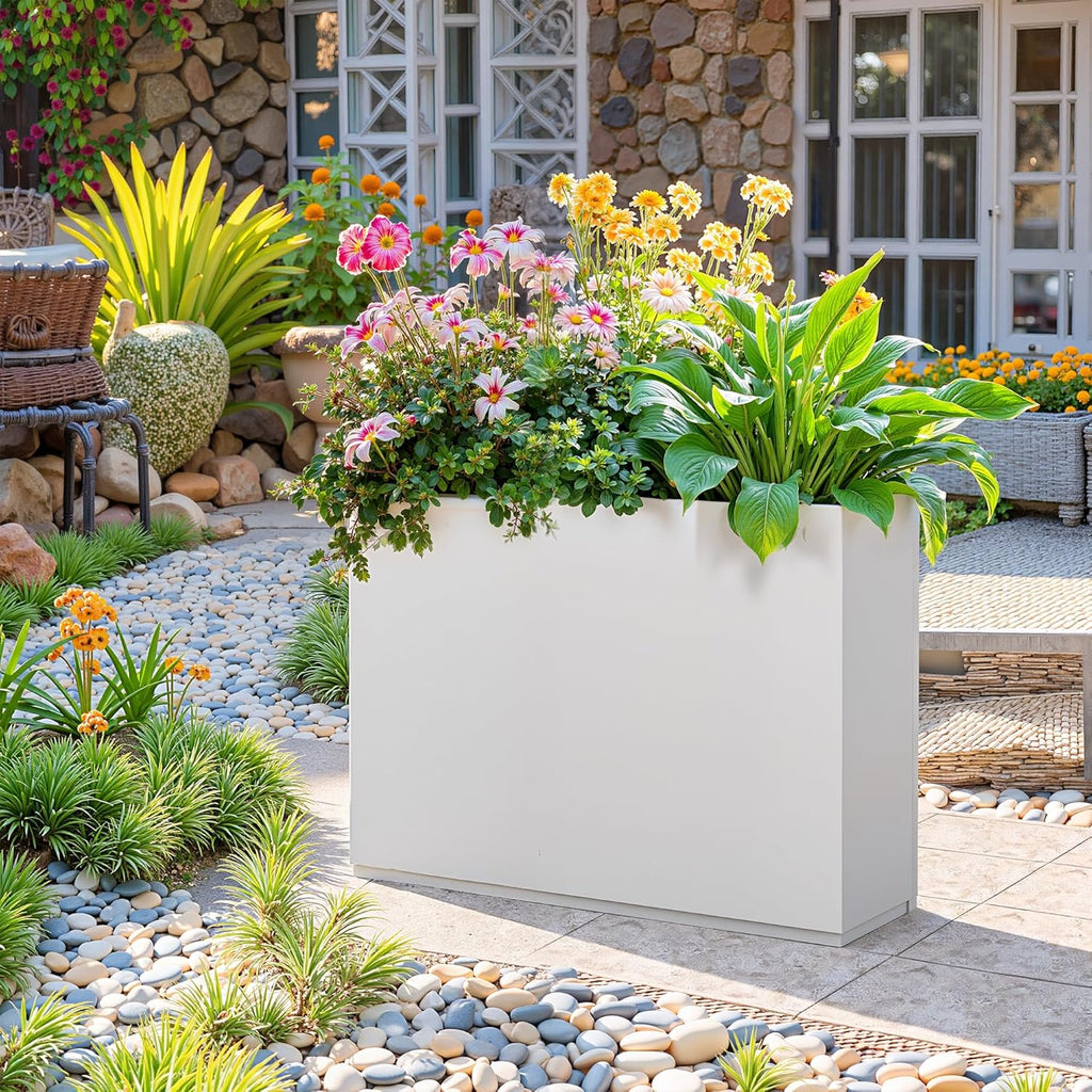 Rectangle Planter for Indoor & Outdoor, Tall and Long Planter Boxes with Drainage Holes, Mental Divider Planter Box All-Weather Use for Plants, Flowers, 35" L x 9" W x 26" H, White