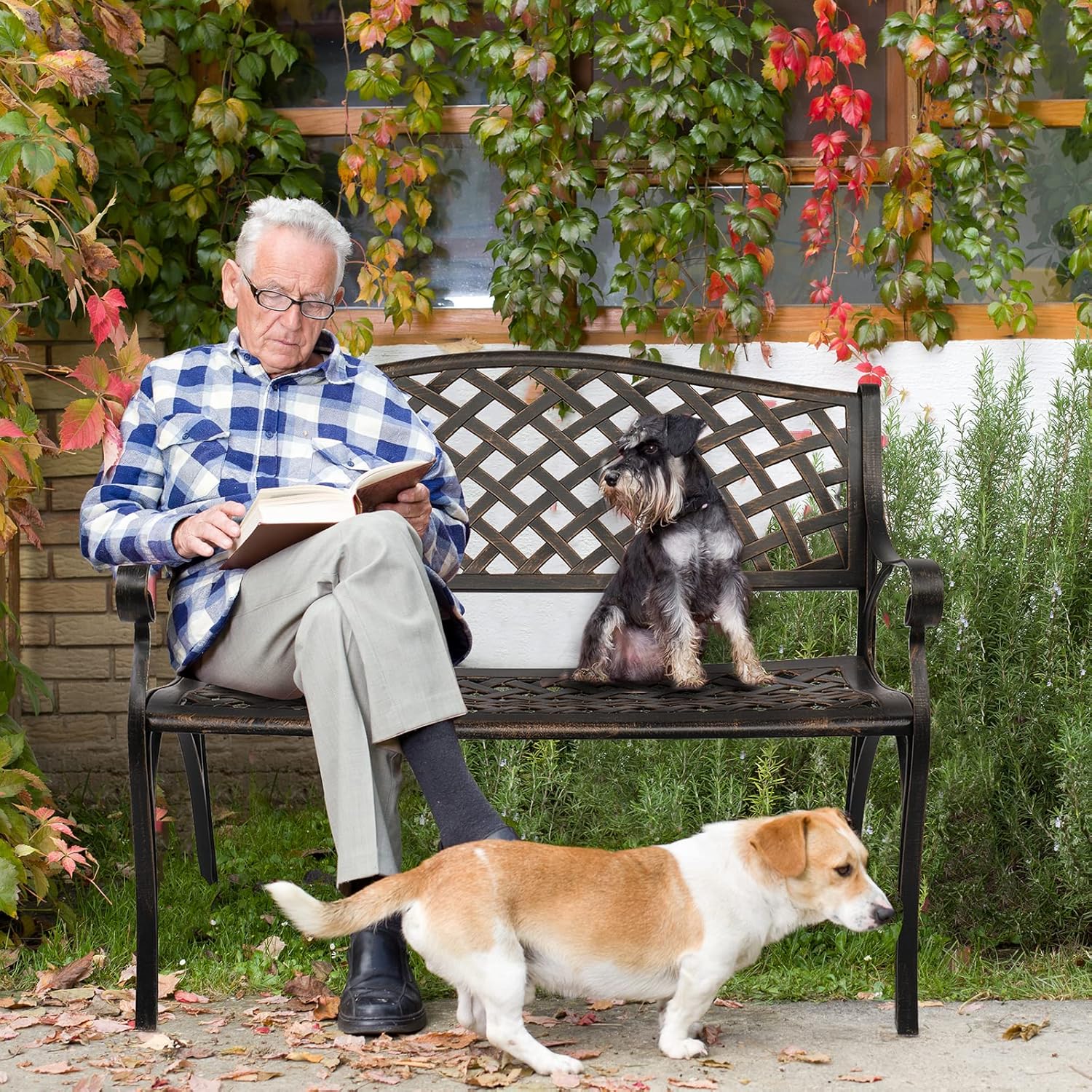 VINGLI 40.5" Patio Garden Bench,Anti- Rust Cast Iron Cast Aluminum Frame for Outdoor Path Yard Lawn Work Entryway Decor Deck (Brown)