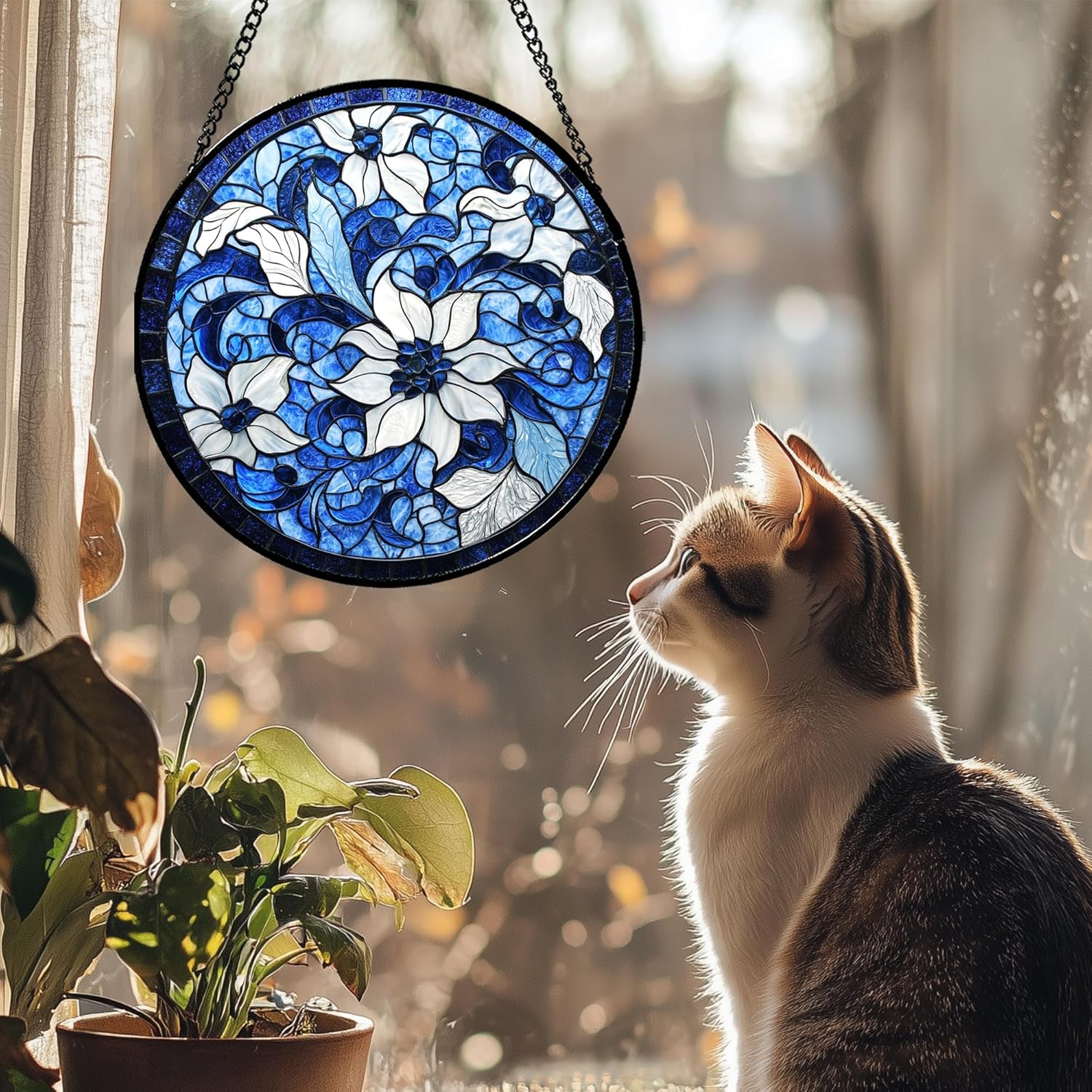 Stained Glass Window Hanging - Blue White Flowers Suncatcher for Doors Garden Patio Boho Style Sun Catchers Decor Christmas Mother's Day Birthday Gifts for Women Men Mom Nana Friend 9.8 in