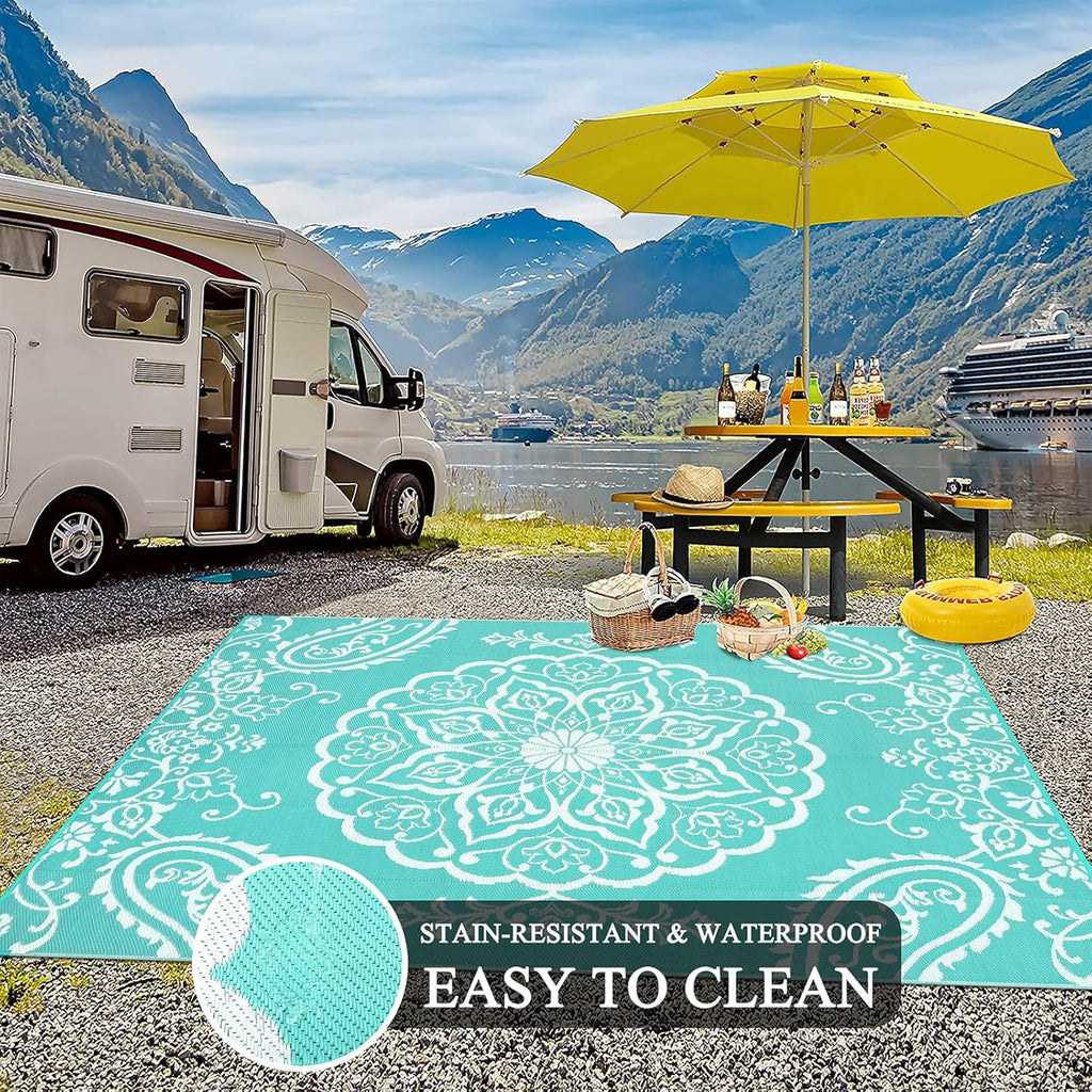 Pauwer Waterproof Outdoor Rug 6x9, Reversible Plastic Straw Patio Camping Rug, Indoor Outdoor RV Mat Carpet for Deck, Camper, Porch, Balcony, Backyard, Picnic, Boho Light Blue