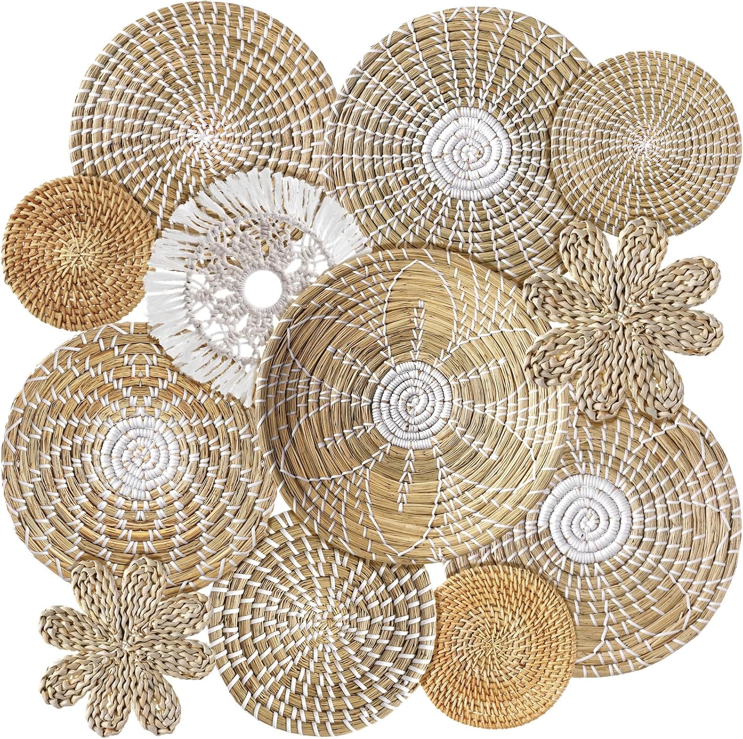 11 Pcs Boho Hanging Wall Basket Decor Handmade Woven Basket Wall Decorative Boho Wicker Baskets Placemats Round Farmhouse Bulrush Art for Rustic Home Decorations Christmas Gift(Fresh)