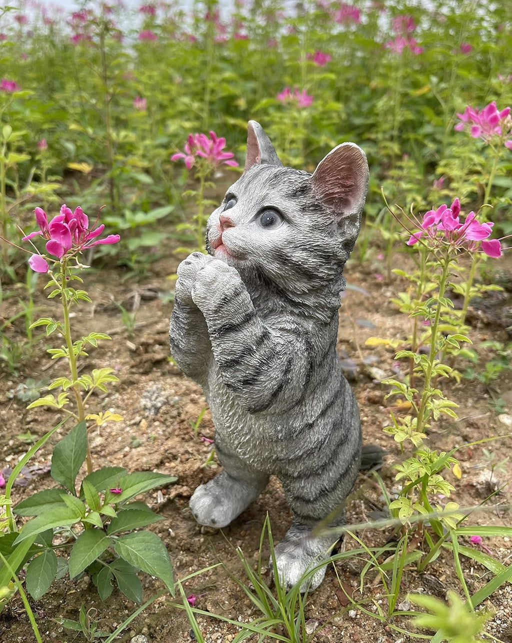 Coolboy Cute Prayer Gray Cat Figurine Art, Outdoor Garden Decoration, Resin Cat Sculpture for Lovers