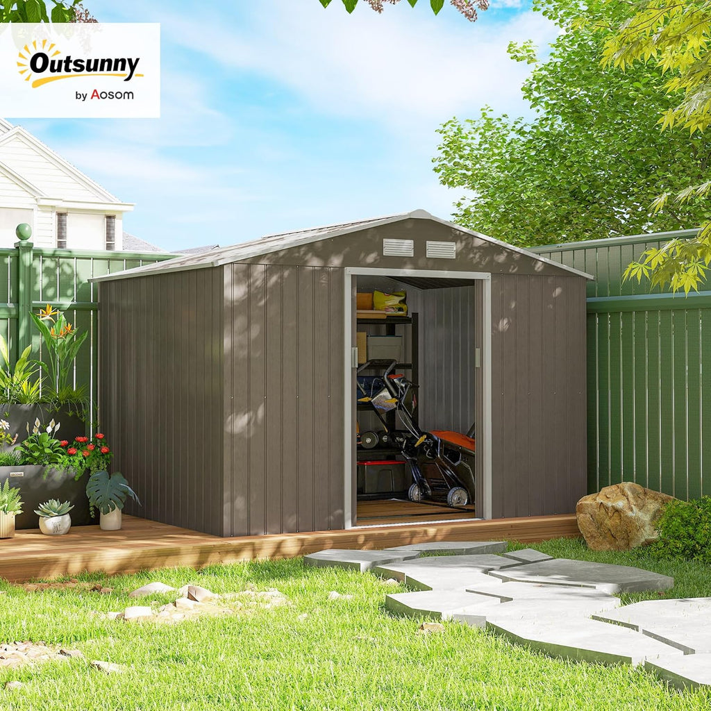 Outsunny 9' x 6' Outdoor Storage Shed, Garden Tool Metal Shed with Foundation Kit, Double Lockable Door, Air Vents and Sloping Roof, for Backyard, Patio, Lawn, Light Brown