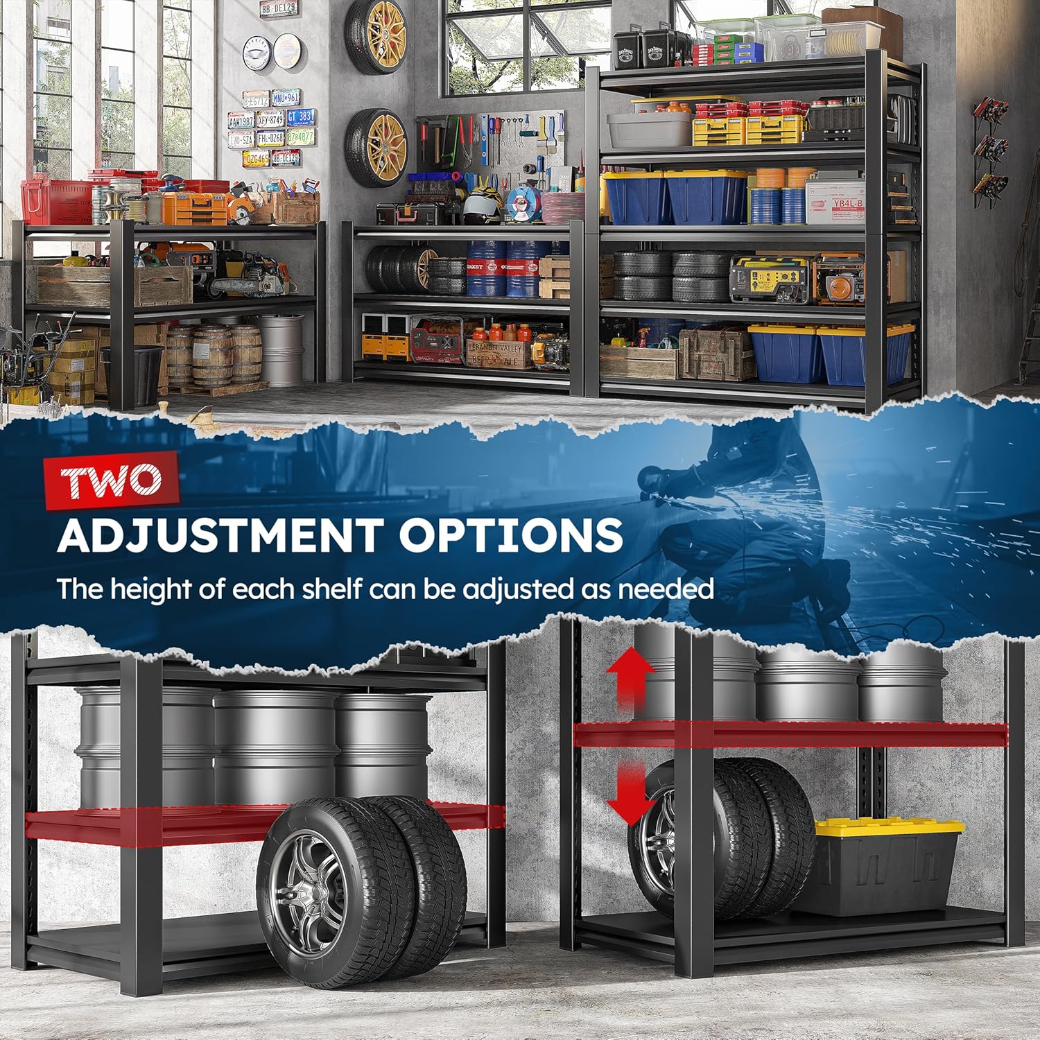 REIBII Garage Shelving 3000 LBS Storage Shelves Adjustable Heavy Duty Shelving Units and Storage Rack for Garage, Basement,2 Pack