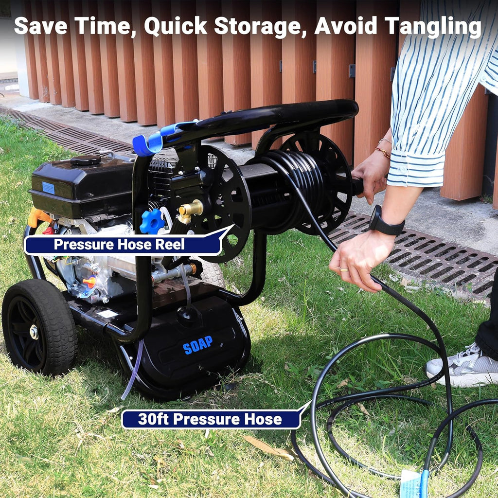 3600 PSI Gas Pressure Washer, 2.3 GPM Heavy-Duty Power Cleaner with 212CC Engine, 5 Quick-Connect Nozzles, 30FT Hose & Reel, Maintenance-Free Axial Cam Pump, for Commercial, Home Cleaning