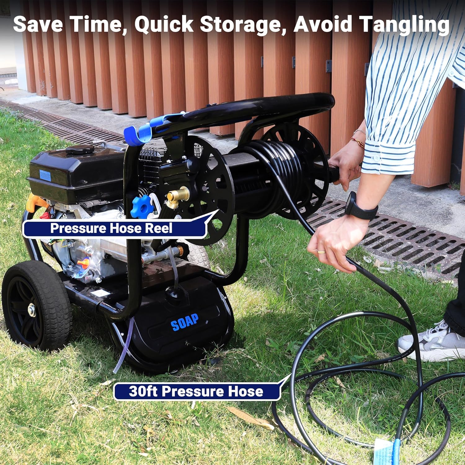 3600 PSI Gas Pressure Washer, 2.3 GPM Heavy-Duty Power Cleaner with 212CC Engine, 5 Quick-Connect Nozzles, 30FT Hose & Reel, Maintenance-Free Axial Cam Pump, for Commercial, Home Cleaning