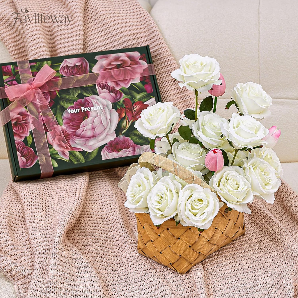 20PCS Artificial White Roses, 3.9'' Silk Flower Head Fake White Rose with Long Stems, Realistic Faux Roses Bouquet for DIY Wedding Home Party Office Decoration