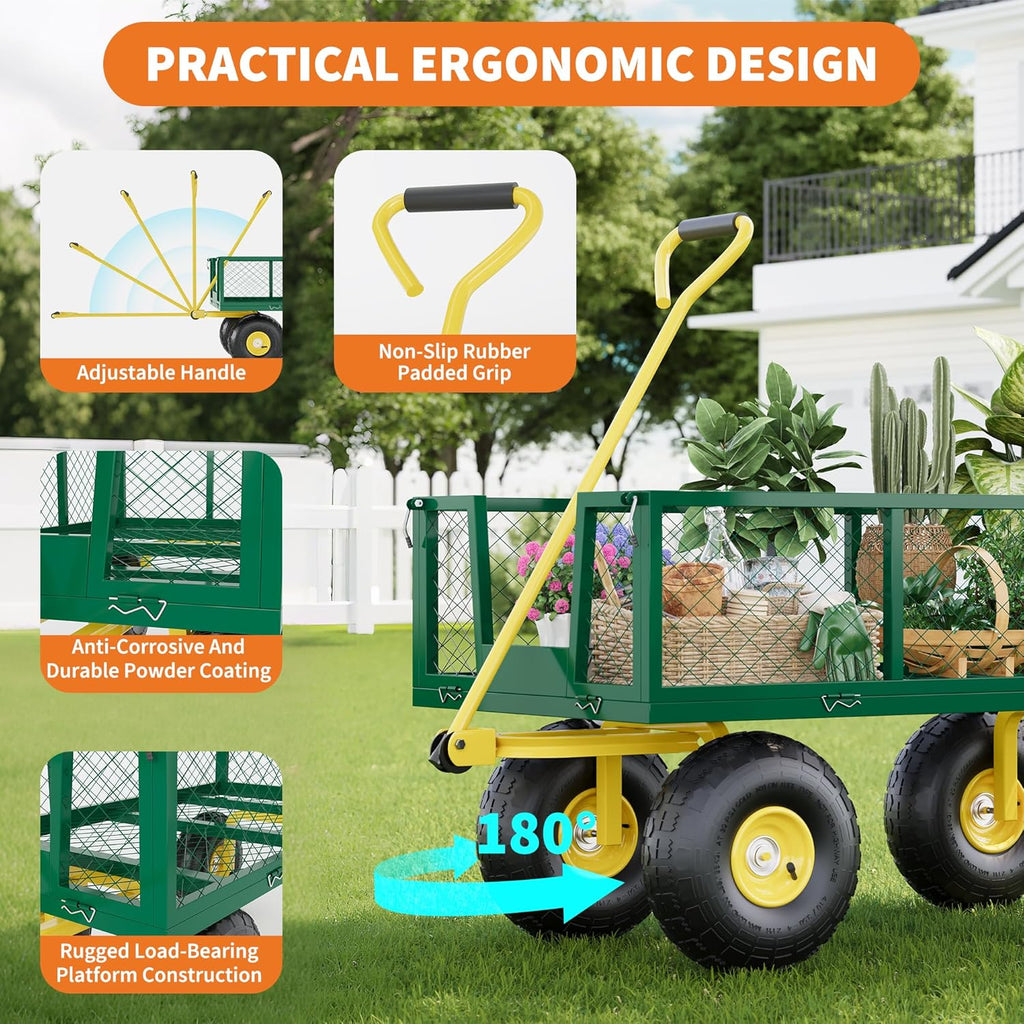 500 Lbs Garden Wagon, 2-in-1 Heavy-Duty Steel Garden Cart, with 10 Inch All-Terrain Tires and Removable Mesh Side Panels, 180° Rotating Handle, Metal Utility Yard Trailer, Outdoor Gardens Wagon Cart