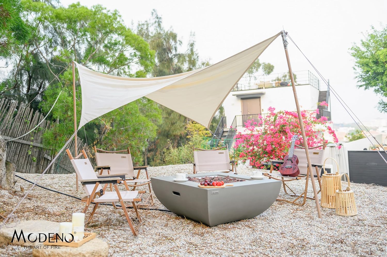 AMS Fireplace | Modeno Westport Package | Light Gray Natural Gas Fire Pit Table for Outside Patio Bundle with Wind Guard, and SS Burner Lid | Free Ice Bucket & Rubber Mat