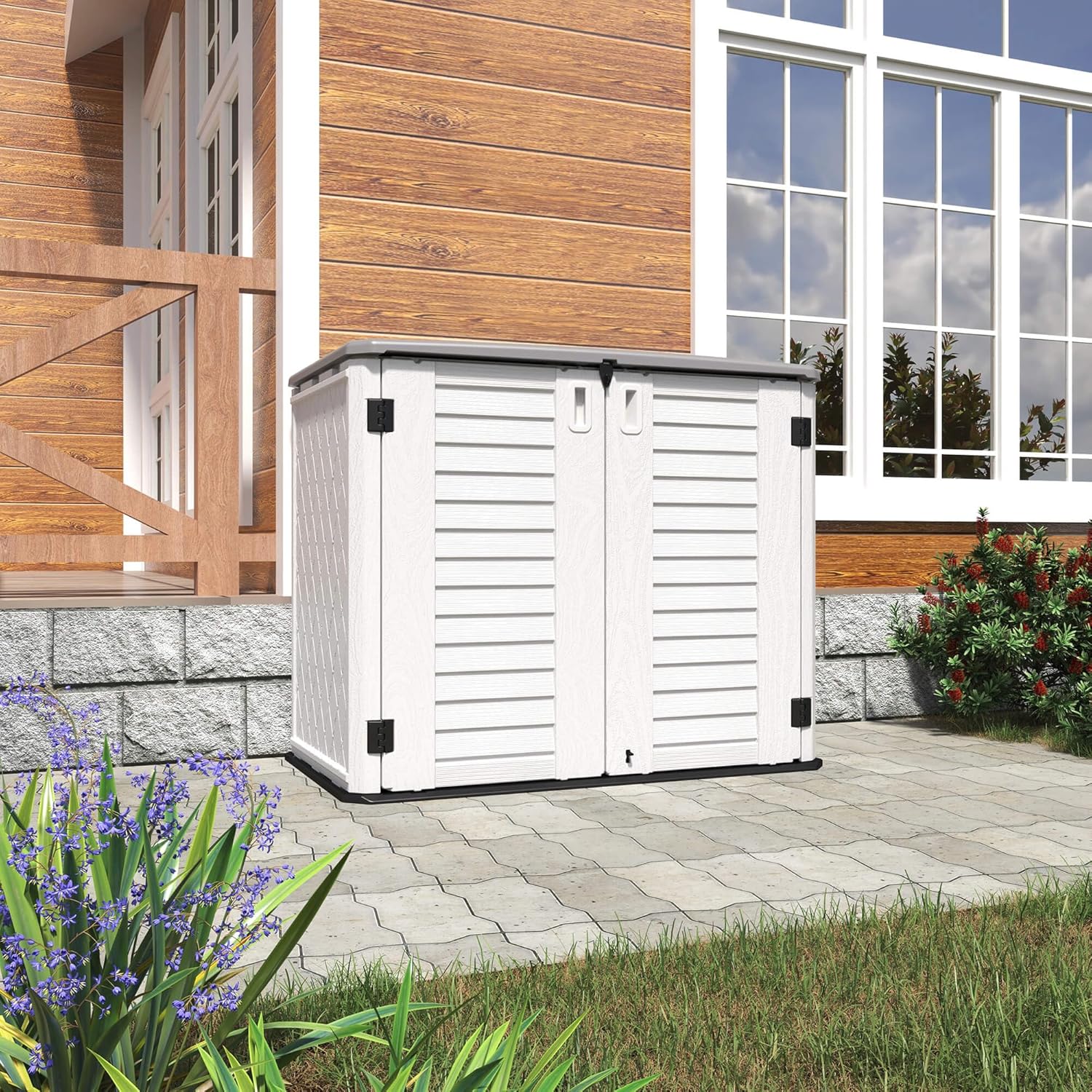 HOMSPARK Storage Shed Weather Resistance, Multi-Purpose Outdoor Storage Cabinet for Backyards and Patios, Horizontal Storage Shed for Lawnmower, Patio Accessories (White 1, Large - 26 cu.ft)