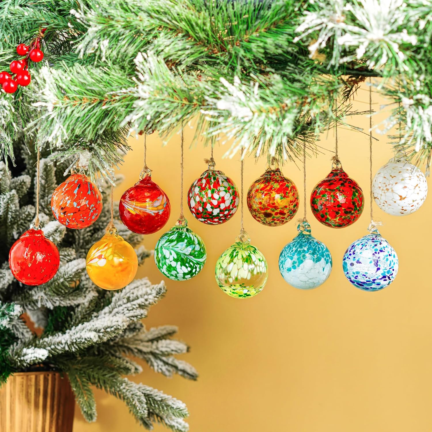 Set of 12 Hand Blown Glass Ornaments Hanging Gazing Balls Witches Balls, Outdoor Patio Garden Decor