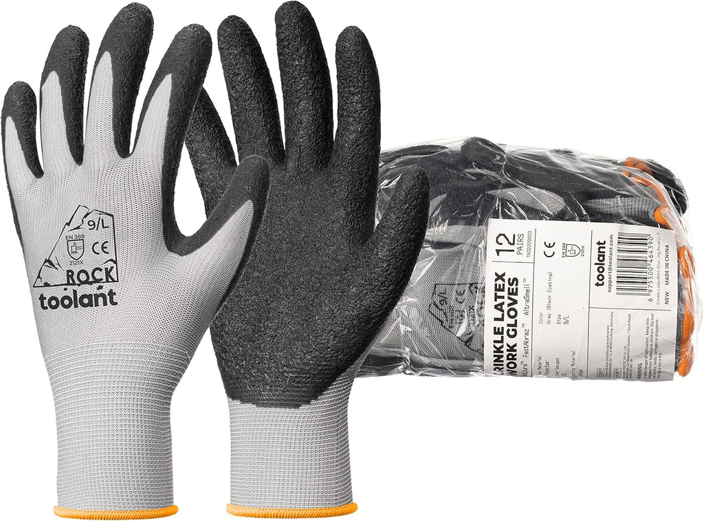 toolant Crinkle Latex Work Gloves Bulk, Rubber Coated Safety Work Gloves for Men and Women, 120 Pairs for Construction, Gardening, Warehouse (Gray, Large)