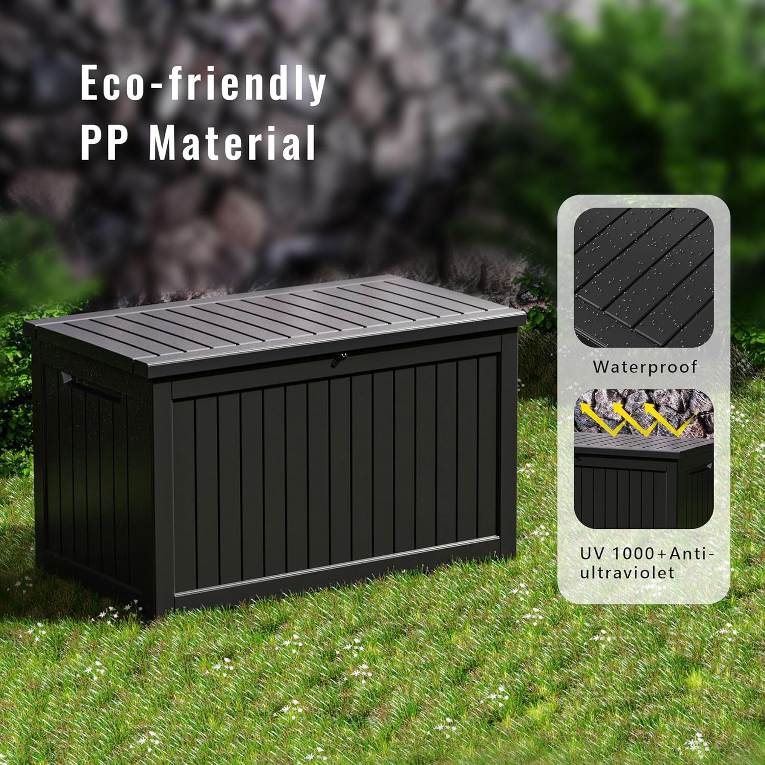 DRATO 230 Gallon Deck Box, Outdoor Large Waterproof Resin Storage Box with Lockable Lid for Patio Cushions, Gardening Tools, Sports Equipment, Black